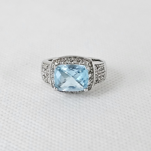 Estate Jewelry - Vintage Genuine Blue Topaz & Diamond Ring Sterling Silver Size 6!